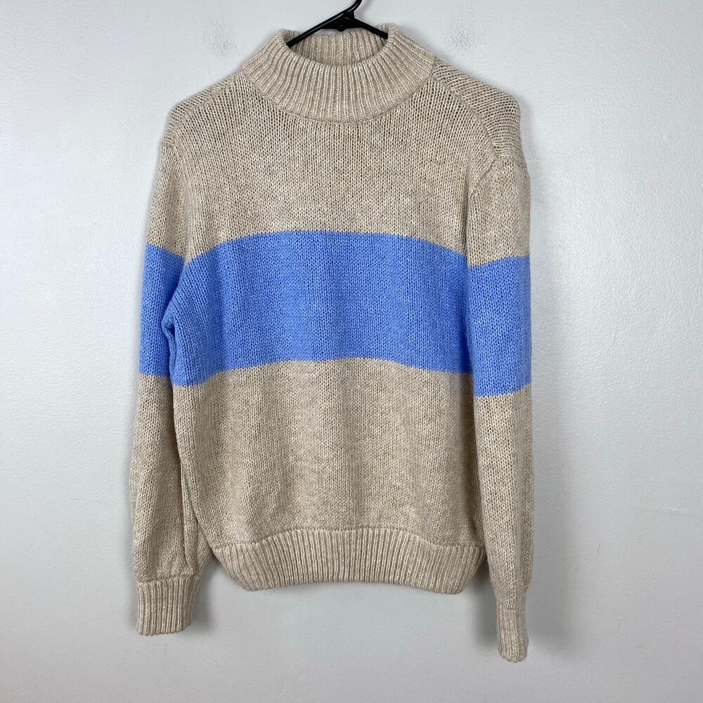 Aerie Mock Neck‎ Sweater Blue Tan Striped Casual Cozy Pullover Size XS